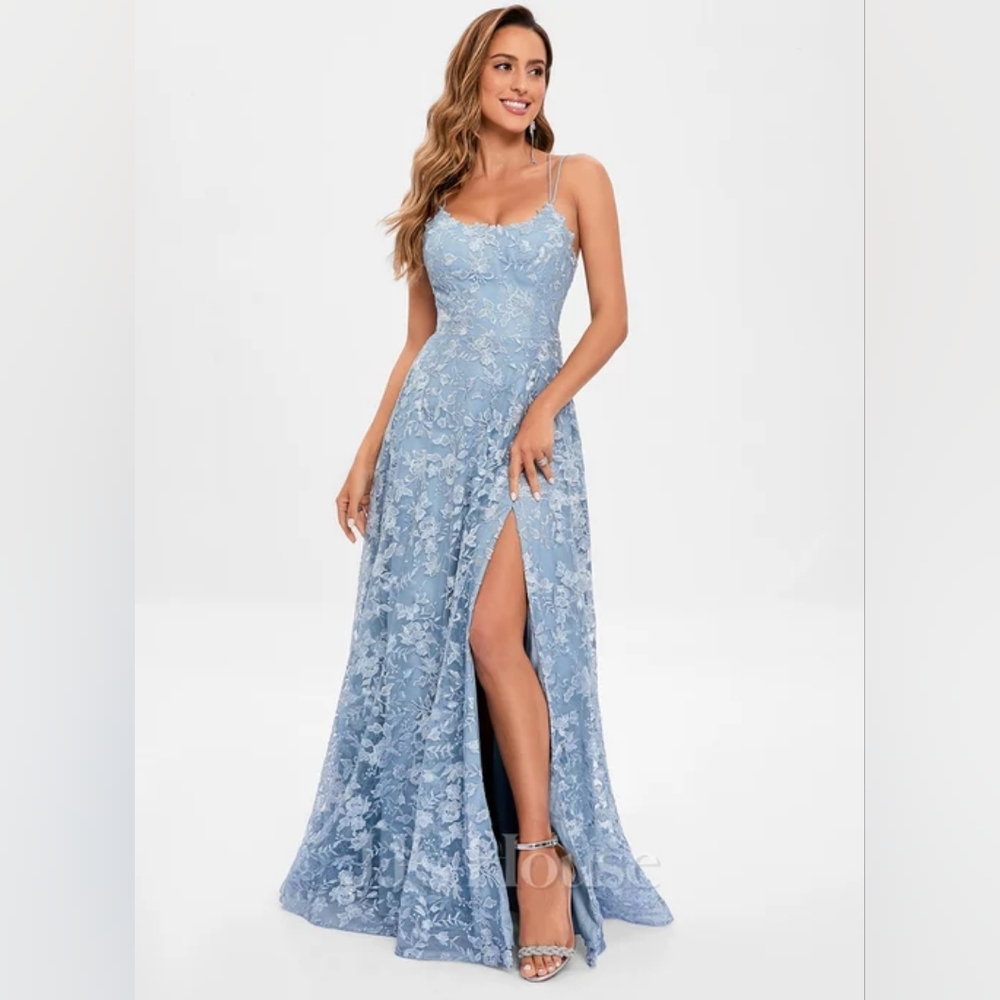 JJ's House A-line Scoop Floor-Length Lace Dress, Dusty Blue, Size 4